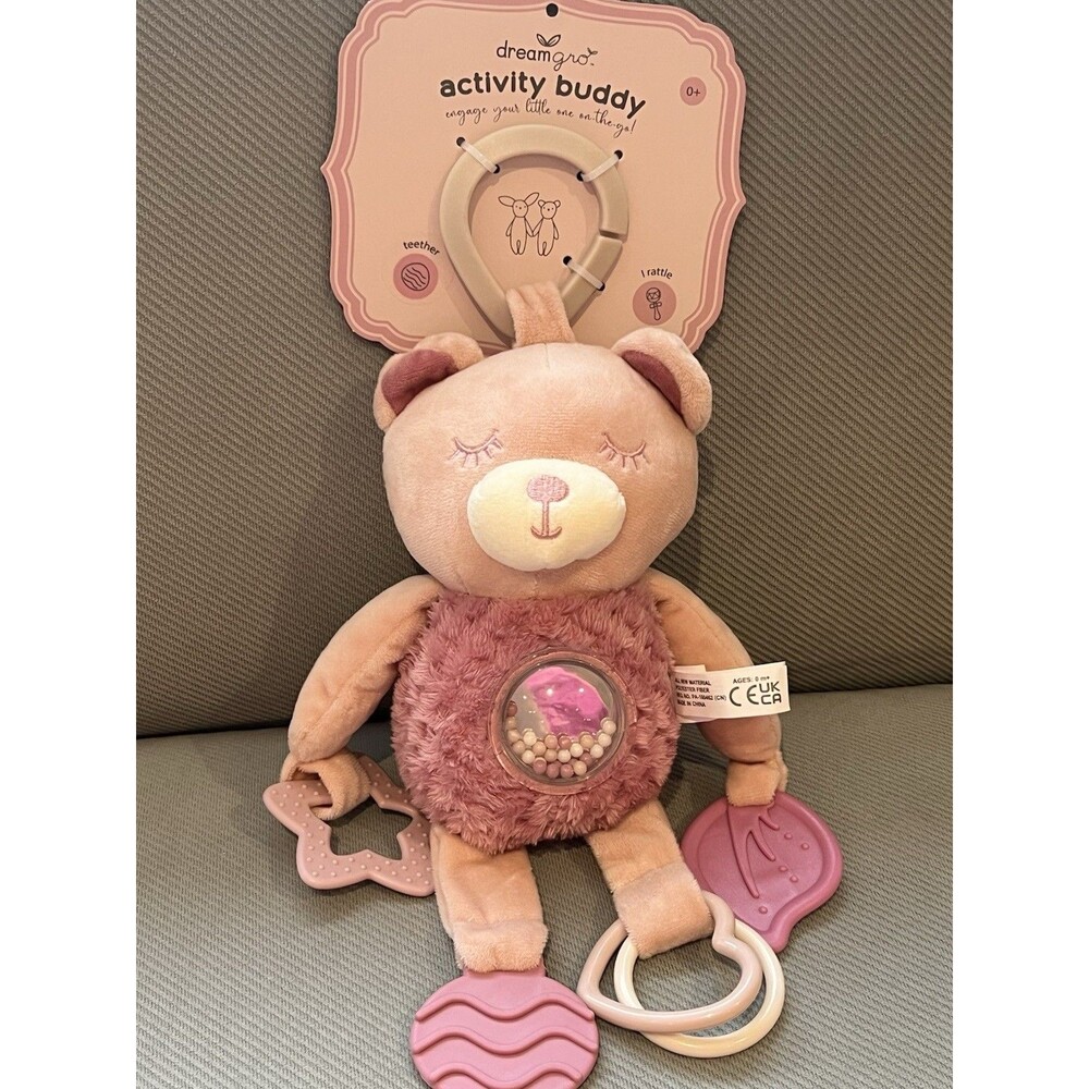 Dream Gro Activity Buddy Toy Baby Lovey Pink Sleeping Bear Rattle Clip On New